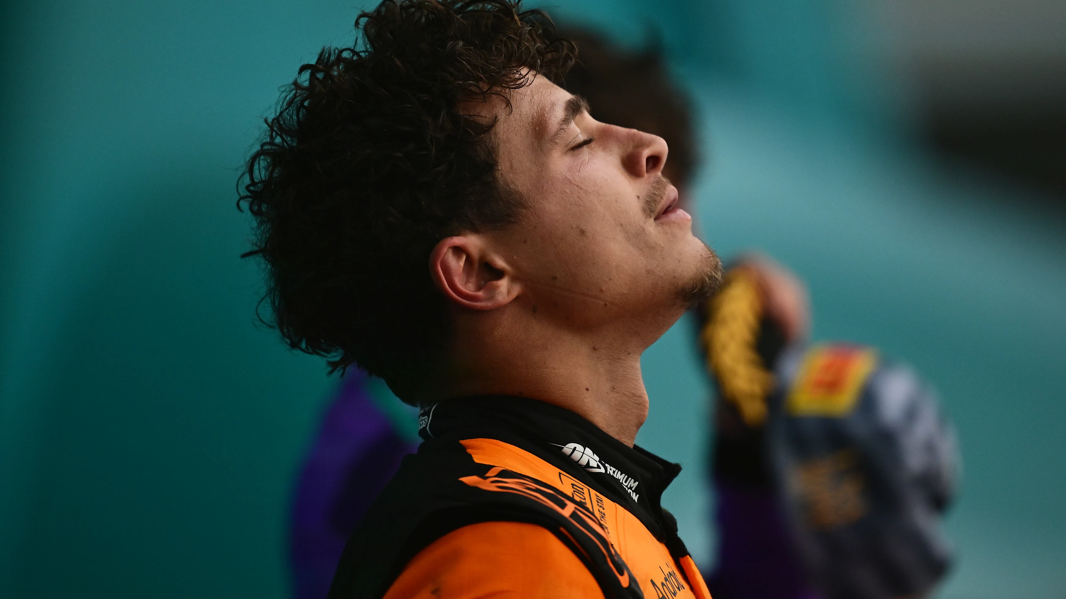 MIAMI, FLORIDA - MAY 03: Second placed Lando Norris of Great Britain and McLaren on the podium during the F1 Grand Prix of Miami at Miami International Autodrome on May 03, 2026 in Miami, Florida. (Photo by Mario Renzi - Formula 1/Formula 1 via Getty Images)