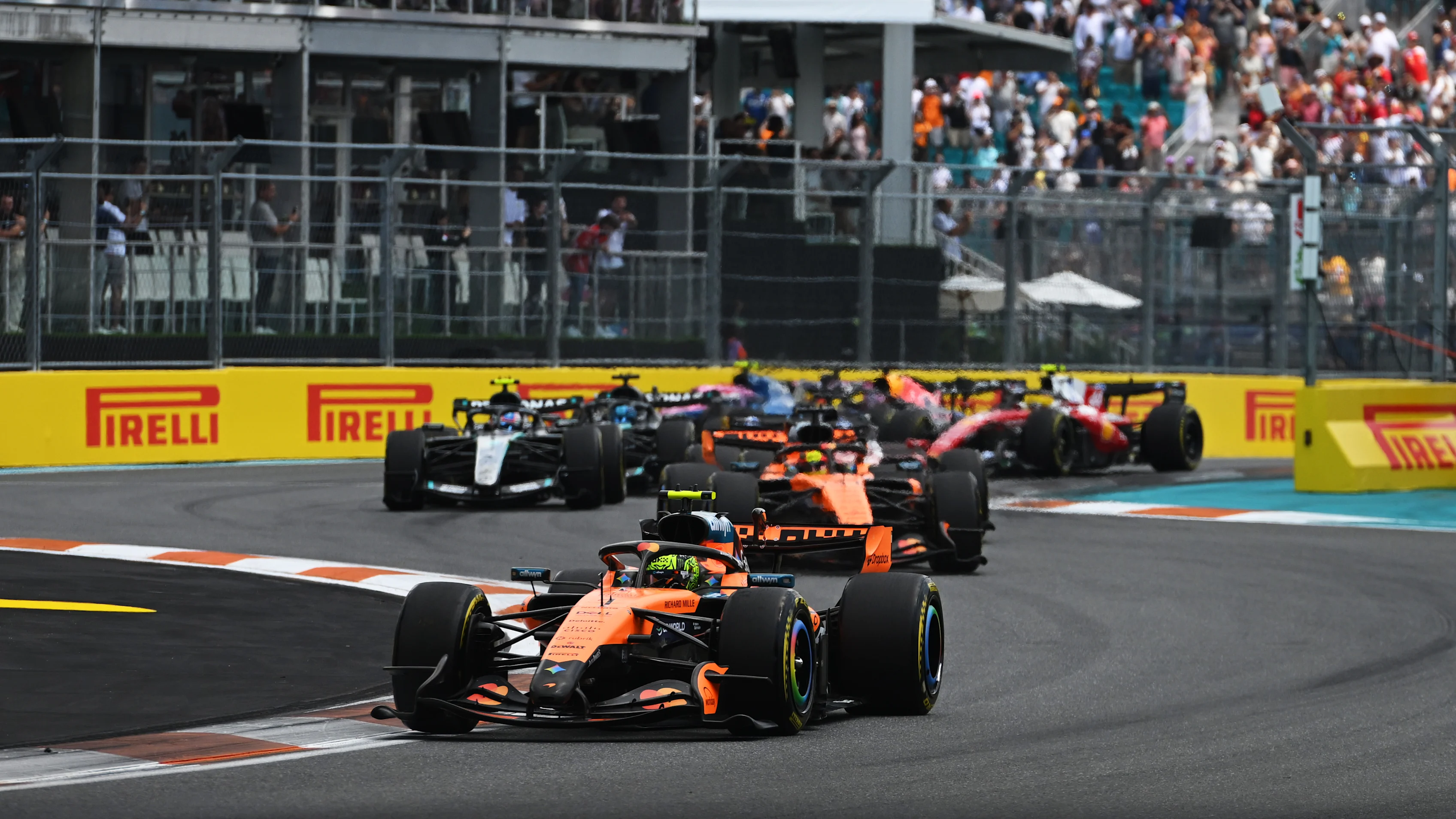 MIAMI, FLORIDA - MAY 02: Lando Norris of Great Britain driving the (1) McLaren MCL40 Mercedes leads