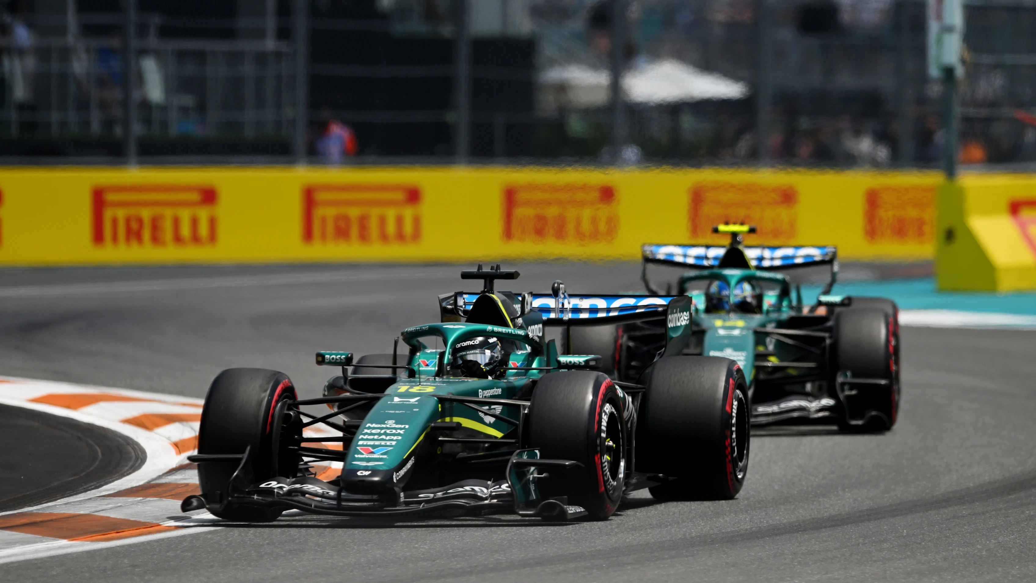 MIAMI, FLORIDA - MAY 02: Lance Stroll of Canada driving the (18) Aston Martin F1 Team AMR26 Honda leads Fernando Alonso of Spain driving the (14) Aston Martin F1 Team AMR26 Honda on track during the Sprint ahead of the F1 Grand Prix of Miami at Miami International Autodrome on May 02, 2026 in Miami, Florida. (Photo by Rudy Carezzevoli/Getty Images)