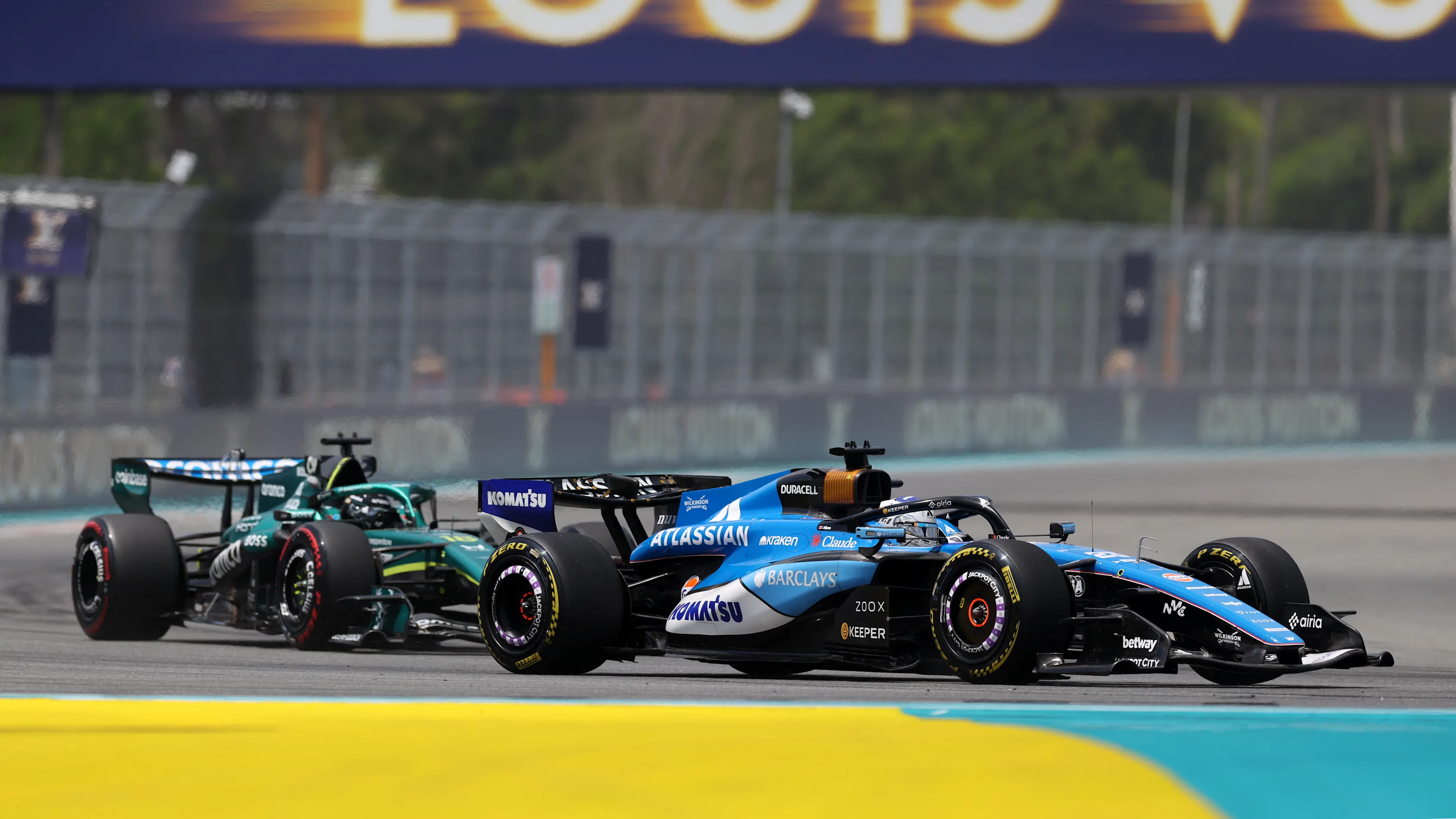 MIAMI, FLORIDA - MAY 02: Alexander Albon of Thailand driving the (23) Williams FW48 Mercedes leads