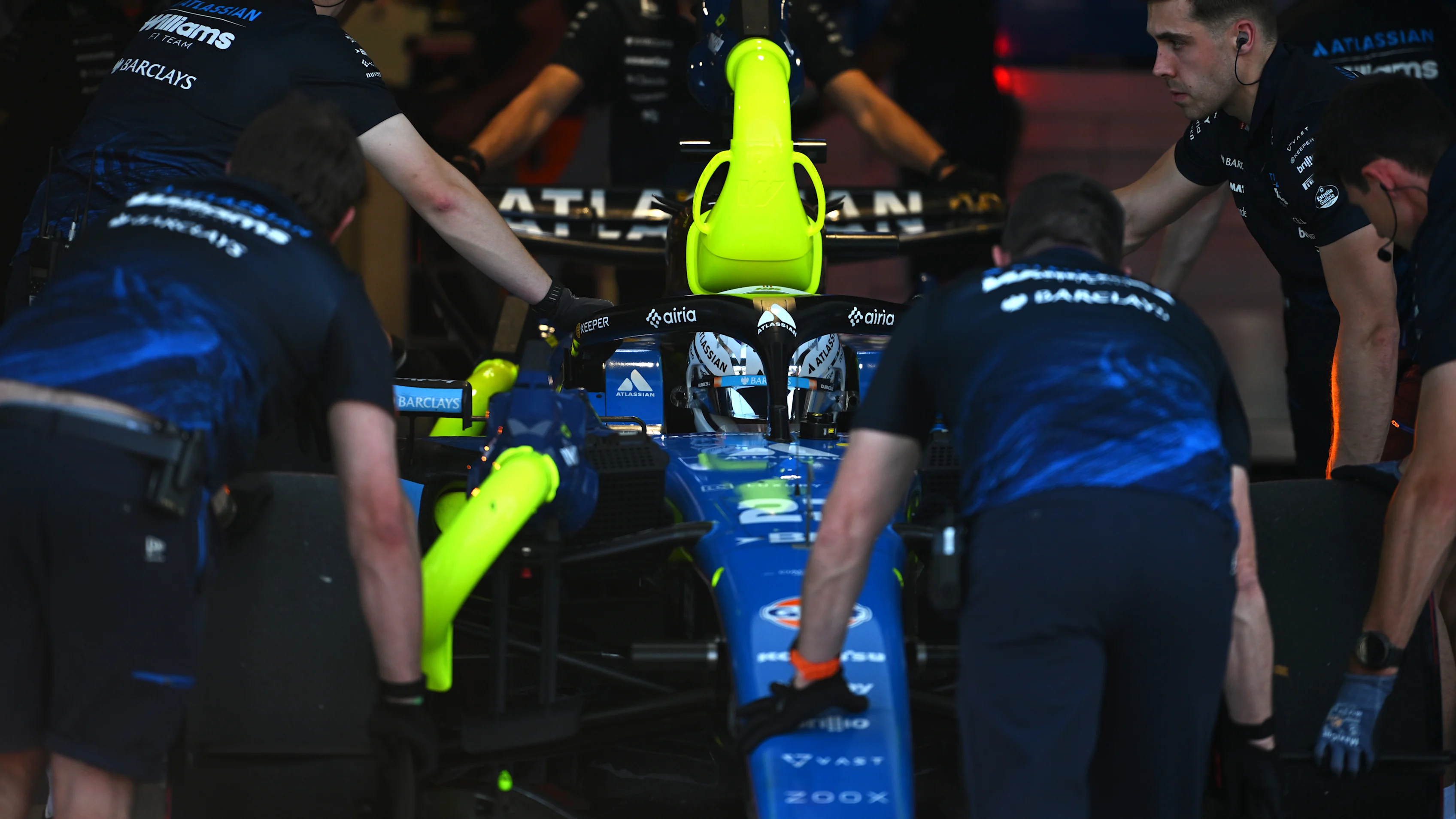 MIAMI, FLORIDA - MAY 02: Alexander Albon of Thailand and Williams in the garage during qualifying ahead of the F1 Grand Prix of Miami at Miami International Autodrome on May 02, 2026 in Miami, Florida. (Photo by Rudy Carezzevoli/Getty Images)