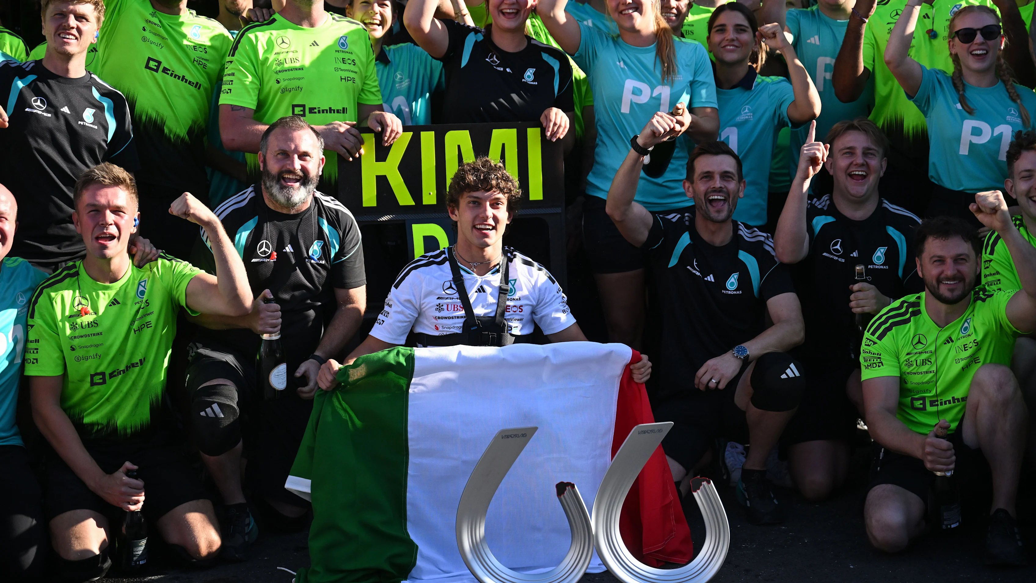 MADRID, SPAIN - SEPTEMBER 13: Race winner Andrea Kimi Antonelli of Italy and Mercedes AMG Petronas