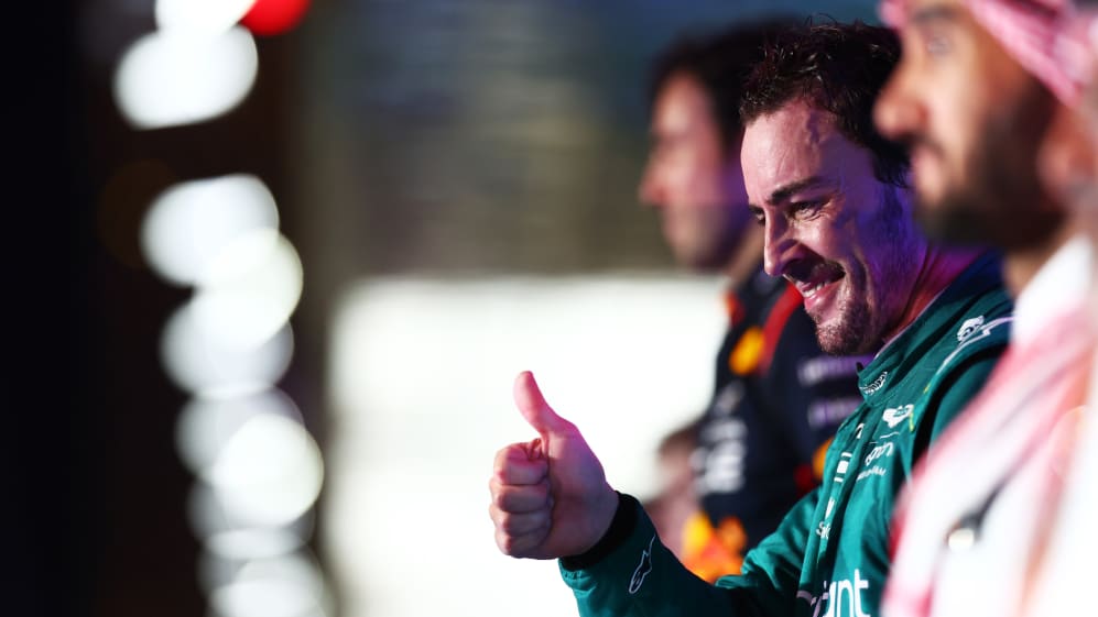 JEDDAH, SAUDI ARABIA - MARCH 19: Third placed Fernando Alonso of Spain and Aston Martin F1 Team