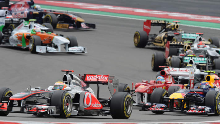 McLaren Mercedes' British driver Lewis Hamilton leads after the start of the at the Nurburgring