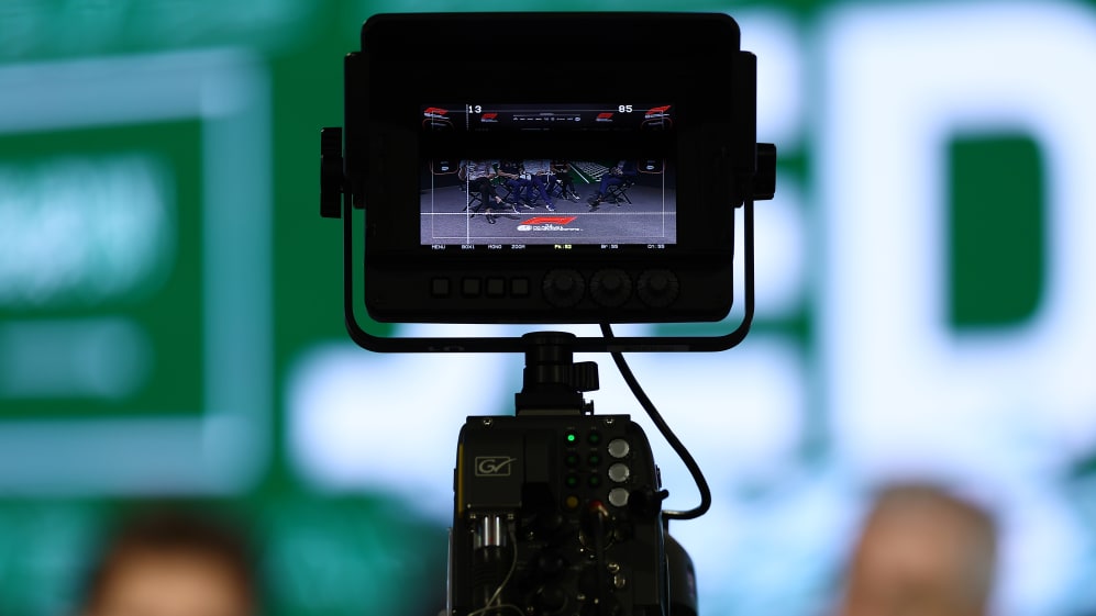 JEDDAH, SAUDI ARABIA - MARCH 17: A view of the Team Principals Press Conference through a TV camera