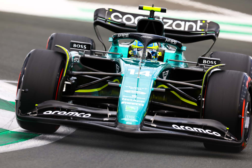 JEDDAH, SAUDI ARABIA - MARCH 18: Fernando Alonso of Spain driving the (14) Aston Martin AMR23