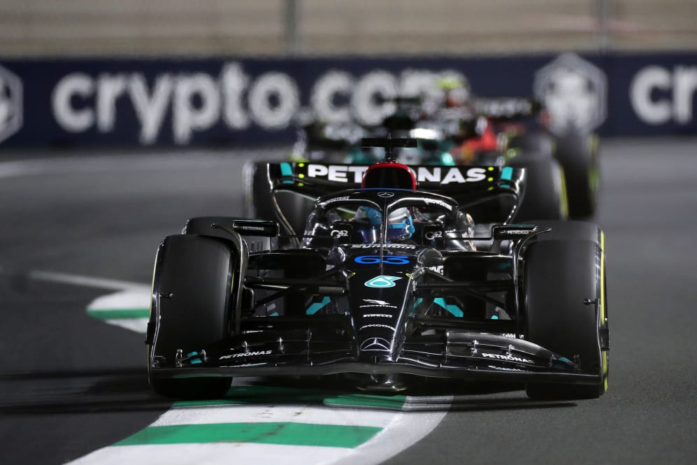 JEDDAH, SAUDI ARABIA - MARCH 19: George Russell of Great Britain driving the (63) Mercedes AMG