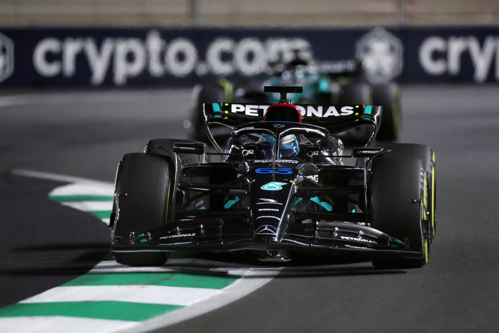 JEDDAH, SAUDI ARABIA - MARCH 19: George Russell of Great Britain driving the (63) Mercedes AMG