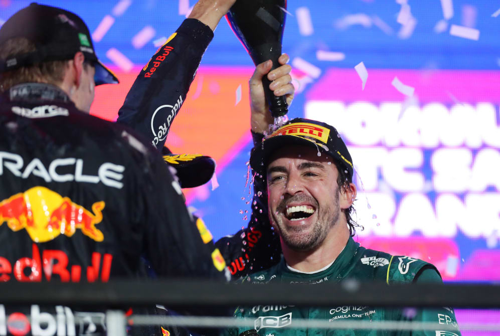 JEDDAH, SAUDI ARABIA - MARCH 19: Third placed Fernando Alonso of Spain and Aston Martin F1 Team