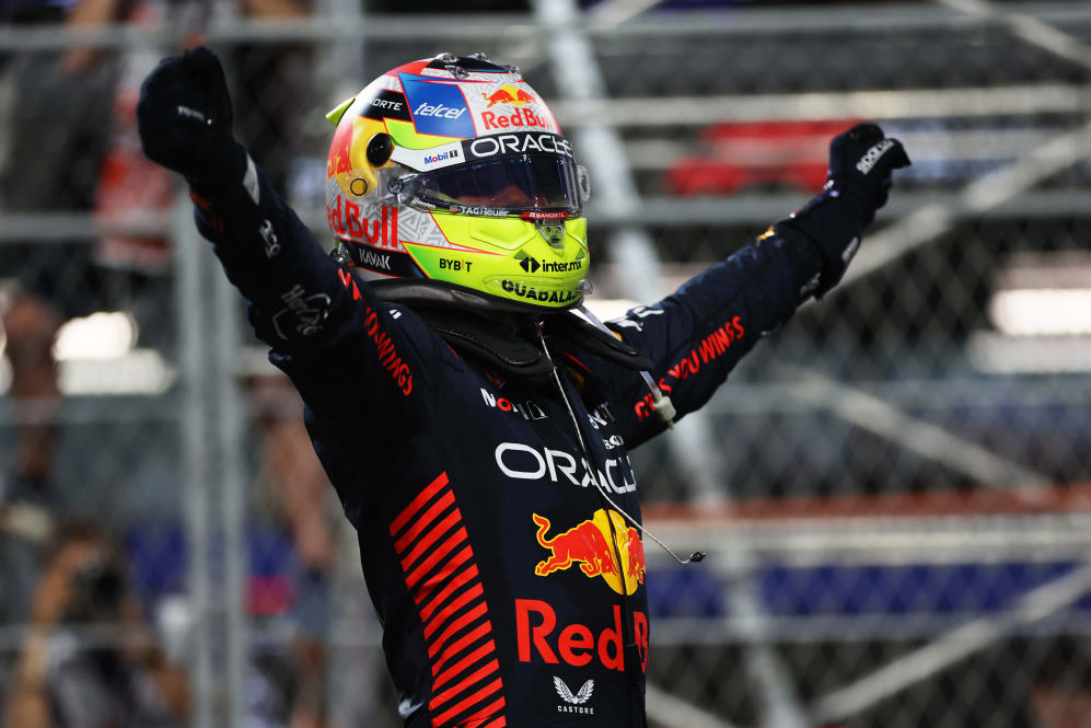 JEDDAH, SAUDI ARABIA - MARCH 19: Race winner Sergio Perez of Mexico and Oracle Red Bull Racing