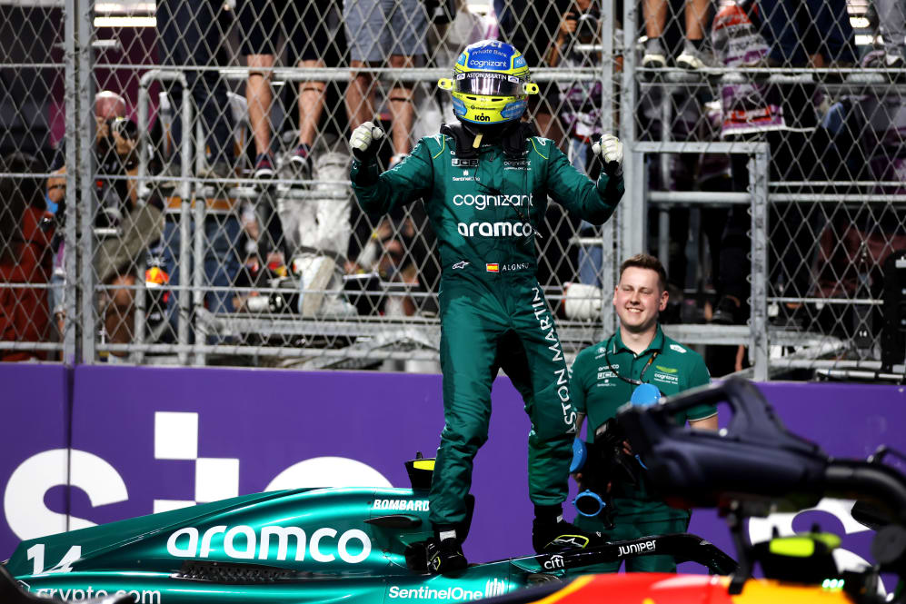 JEDDAH, SAUDI ARABIA - MARCH 19: Third placed Fernando Alonso of Spain and Aston Martin F1 Team