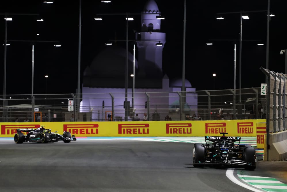 JEDDAH, SAUDI ARABIA - MARCH 19: George Russell of Great Britain driving the (63) Mercedes AMG