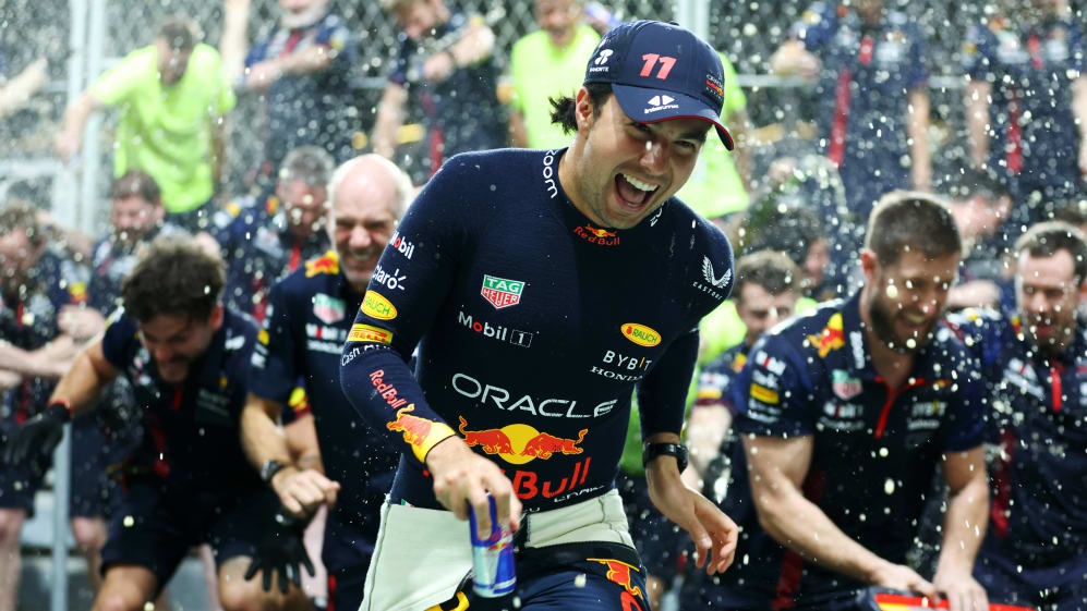 JEDDAH, SAUDI ARABIA - MARCH 19: Race winner Sergio Perez of Mexico and Oracle Red Bull Racing and