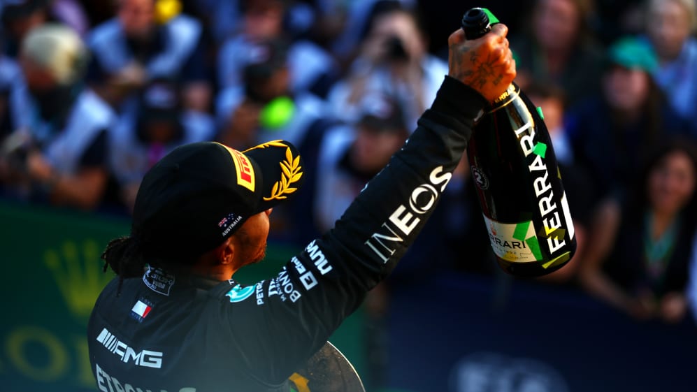 MELBOURNE, AUSTRALIA - APRIL 02: Second placed Lewis Hamilton of Great Britain and Mercedes