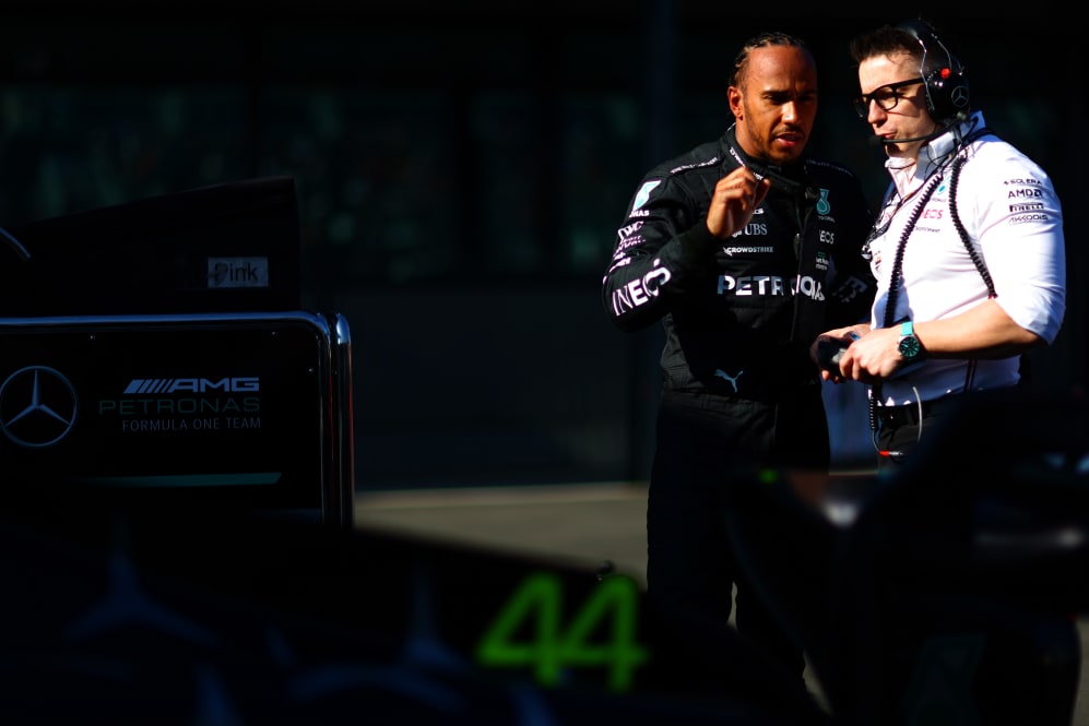 MELBOURNE, AUSTRALIA - APRIL 02: Lewis Hamilton of Great Britain and Mercedes talks with race