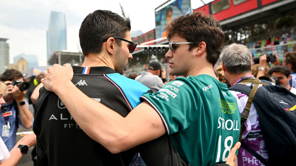 BAKU, AZERBAIJAN - APRIL 30: Lance Stroll of Canada and Aston Martin F1 Team and Esteban Ocon of