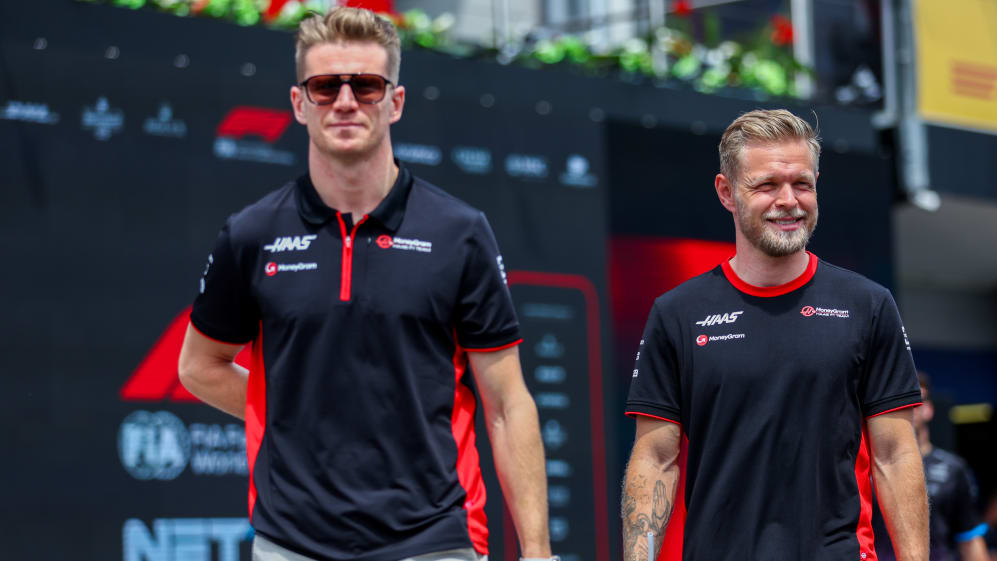 BAKU, AZERBAIJAN - APRIL 30: Nico Hulkenberg of Germany and Haas F1 and Kevin Magnussen of Denmark