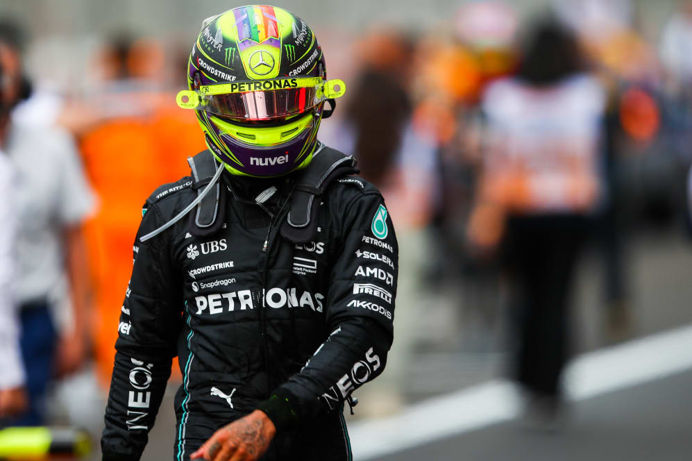 BAKU, AZERBAIJAN - APRIL 30: Sixth placed Lewis Hamilton of Great Britain and Mercedes looks on in
