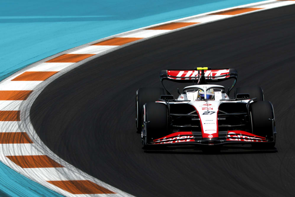 MIAMI, FLORIDA - MAY 05: Nico Hulkenberg of Germany driving the (27) Haas F1 VF-23 Ferrari on track