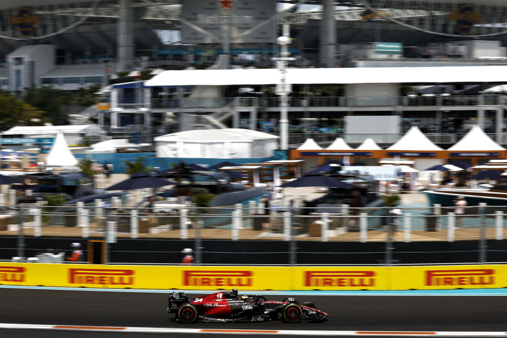 MIAMI, FLORIDA - MAY 05: Zhou Guanyu of China driving the (24) Alfa Romeo F1 C43 Ferrari on track