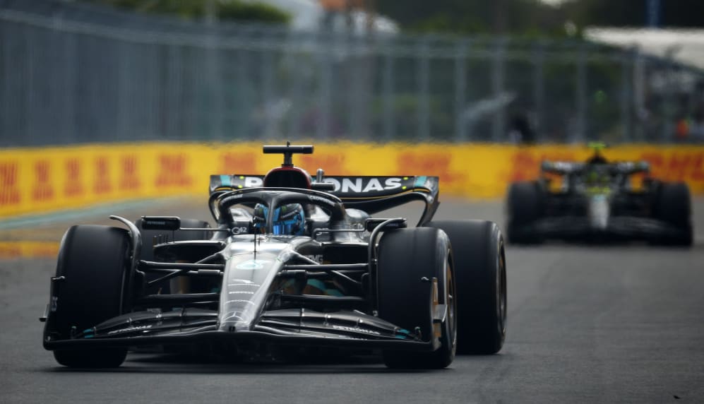 MIAMI, FLORIDA - MAY 07: George Russell of Great Britain driving the (63) Mercedes AMG Petronas F1