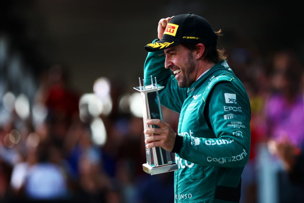 MIAMI, FLORIDA - MAY 07: Third placed Fernando Alonso of Spain and Aston Martin F1 Team celebrates