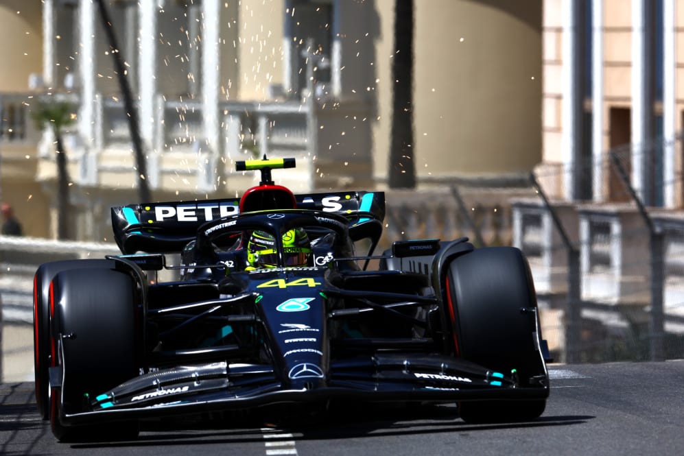 MONTE-CARLO, MONACO - MAY 27: Sparks fly behind Lewis Hamilton of Great Britain driving the (44)
