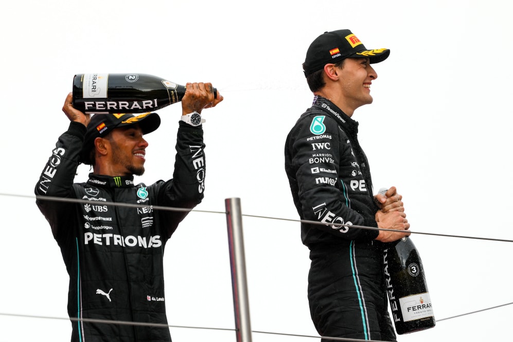 BARCELONA, SPAIN - JUNE 04: Second placed Lewis Hamilton of Great Britain and Mercedes and Third