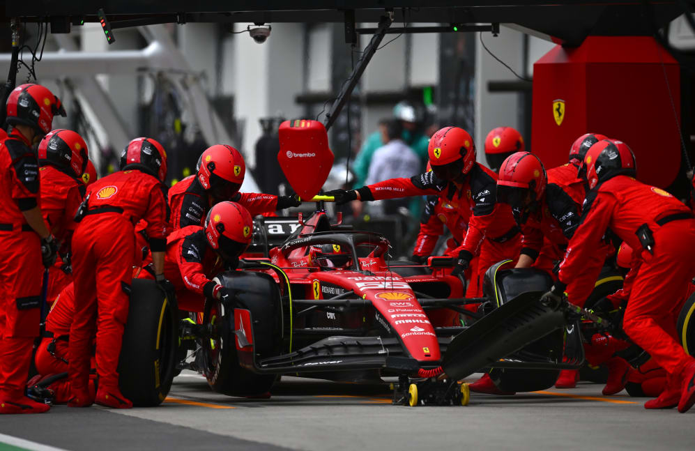 MONTREAL, QUEBEC - JUNE 18: Carlos Sainz of Spain driving (55) the Ferrari SF-23 makes a pitstop