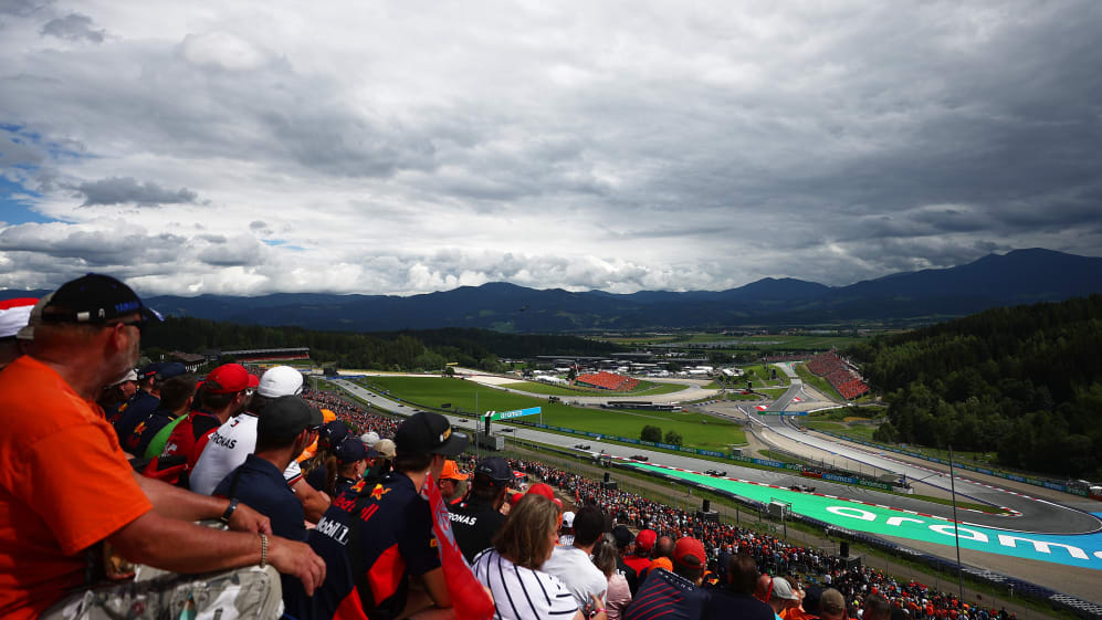 SPIELBERG, AUSTRIA - JULY 02: A general view of the first lap from turn three during the F1 Grand