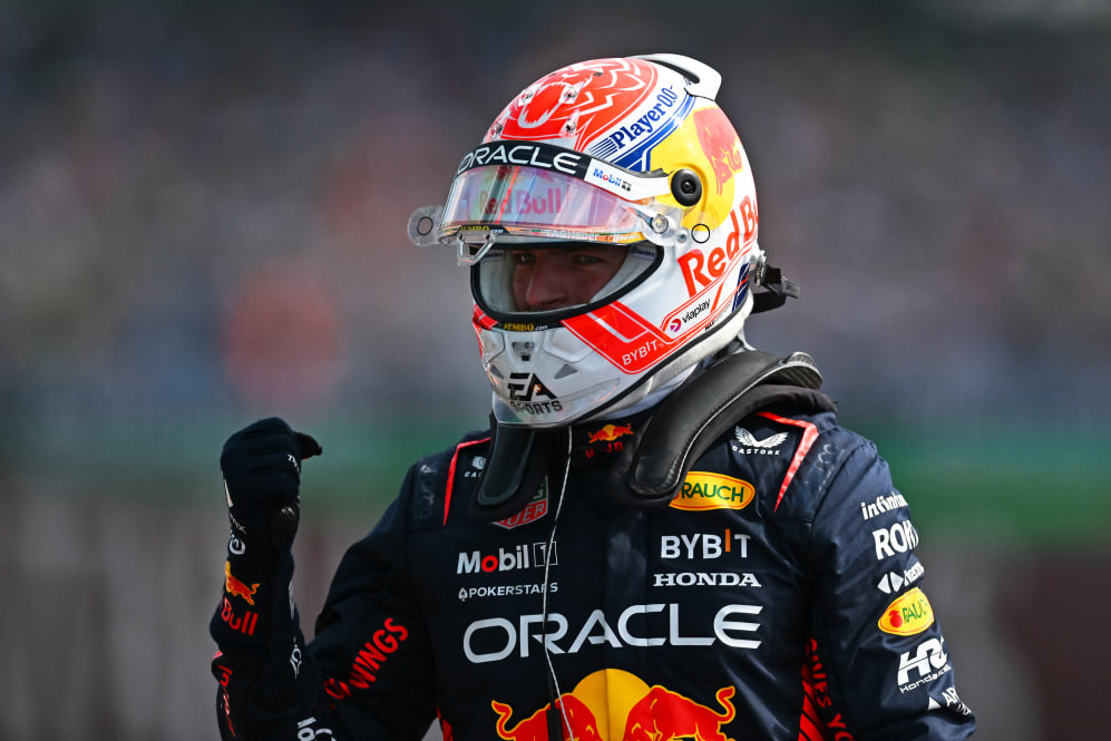 NORTHAMPTON, ENGLAND - JULY 08: Pole position qualifier Max Verstappen of the Netherlands and