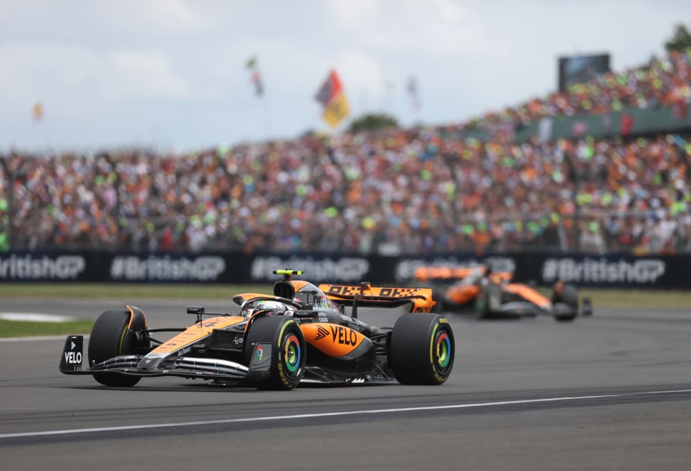 NORTHAMPTON, ENGLAND - JULY 09: Second placed Lando Norris of Great Britain celebrates in parc