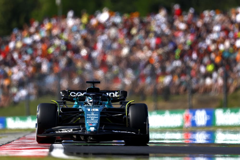 BUDAPEST, HUNGARY - JULY 22: Lance Stroll of Canada driving the (18) Aston Martin AMR23 Mercedes on