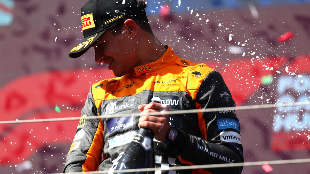 BUDAPEST, HUNGARY - JULY 23: Second placed Lando Norris of Great Britain and McLaren celebrates on