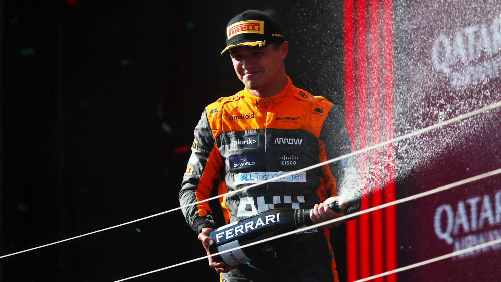 BUDAPEST, HUNGARY - JULY 23: Second placed Lando Norris of Great Britain and McLaren celebrates on