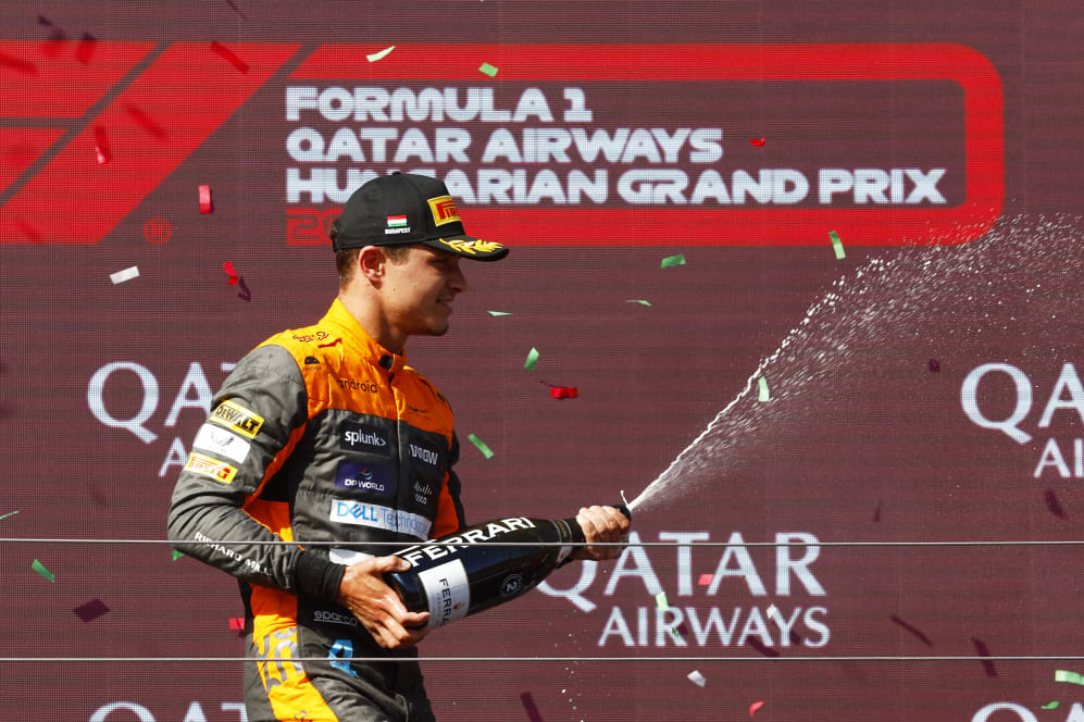 BUDAPEST, HUNGARY - JULY 23: Second placed Lando Norris of Great Britain and McLaren celebrates on