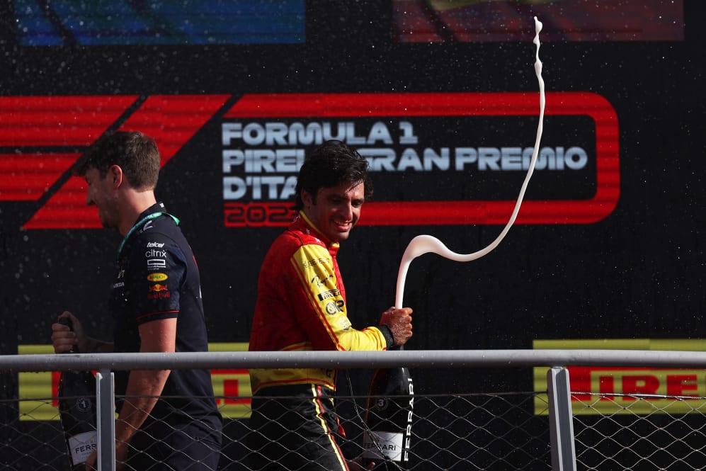 MONZA, ITALY - SEPTEMBER 03: Third placed Carlos Sainz of Spain and Ferrari celebrates on the
