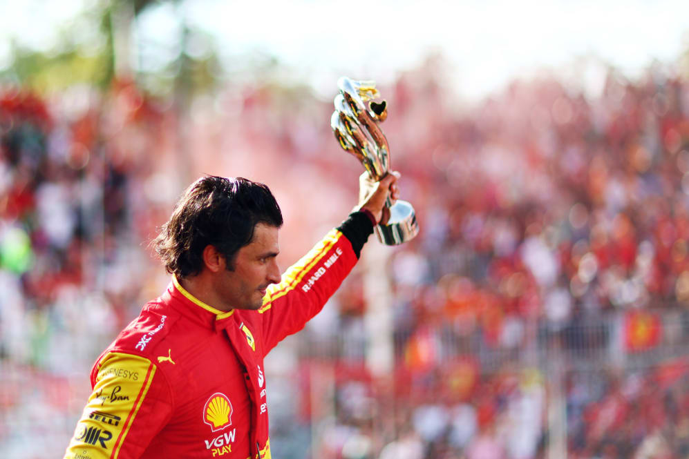 MONZA, ITALY - SEPTEMBER 03: Third placed Carlos Sainz of Spain and Ferrari celebrates on the