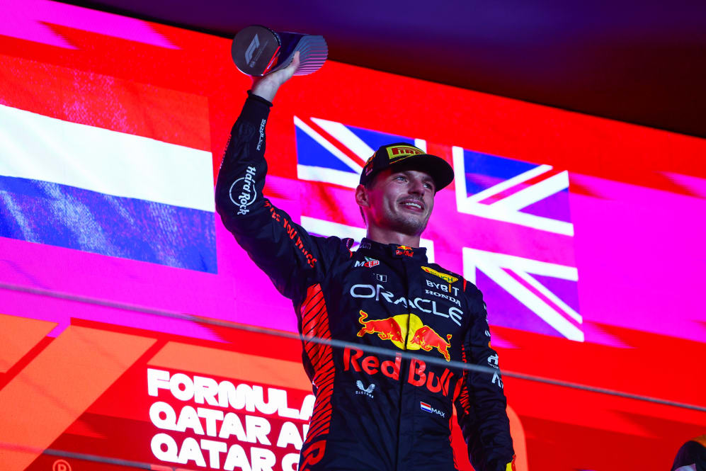 LUSAIL CITY, QATAR - OCTOBER 08: Race winner Max Verstappen of the Netherlands and Oracle Red Bull