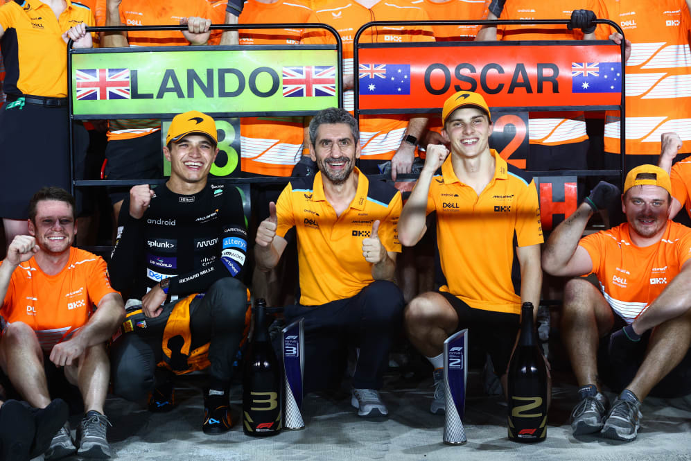 LUSAIL CITY, QATAR - OCTOBER 08: Second placed Oscar Piastri of Australia and McLaren and Third