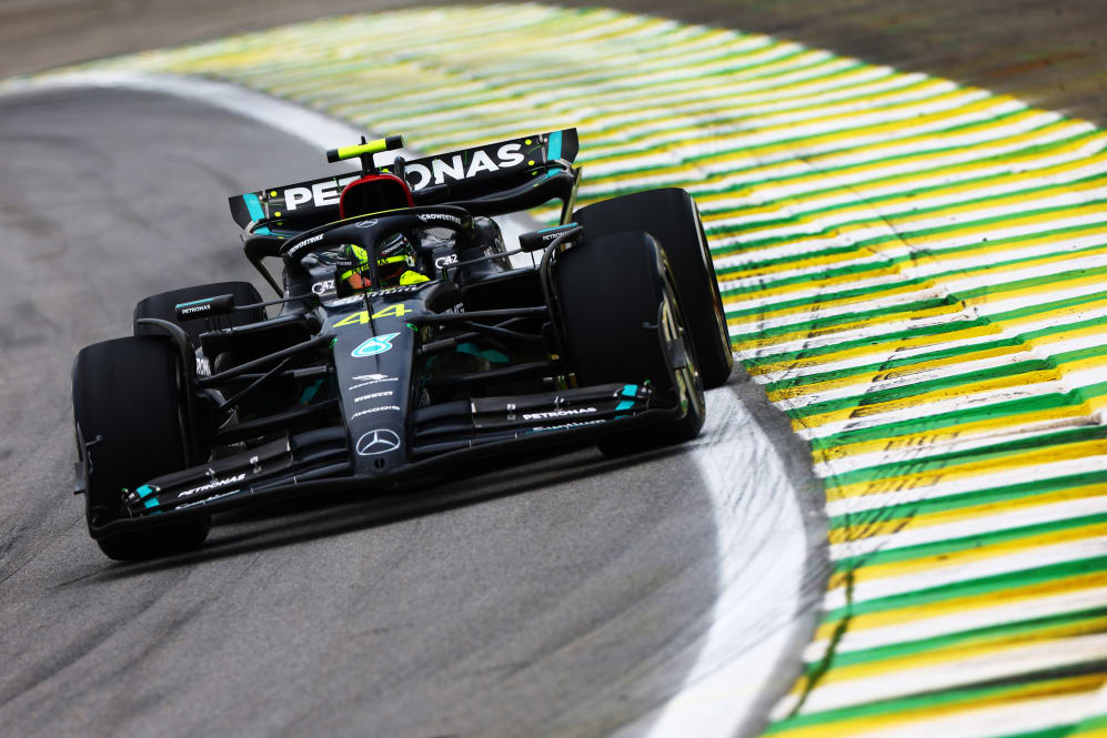 SAO PAULO, BRAZIL - NOVEMBER 03: Lewis Hamilton of Great Britain driving the (44) Mercedes AMG