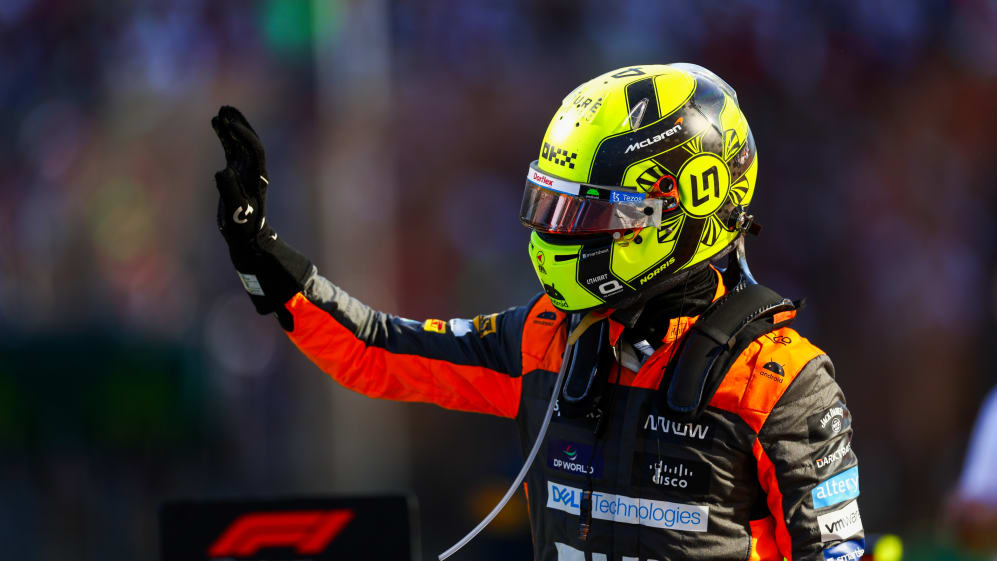 SAO PAULO, BRAZIL - NOVEMBER 04: Second placed Lando Norris of Great Britain and McLaren celebrates