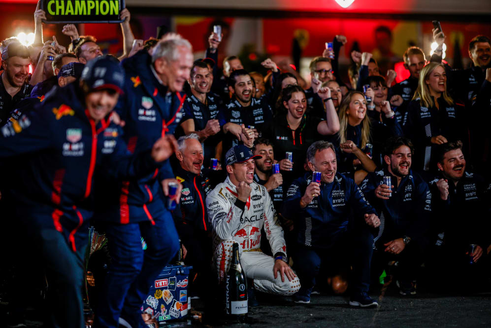 LAS VEGAS, NEVADA - NOVEMBER 18: Race winner Max Verstappen of the Netherlands and Oracle Red Bull