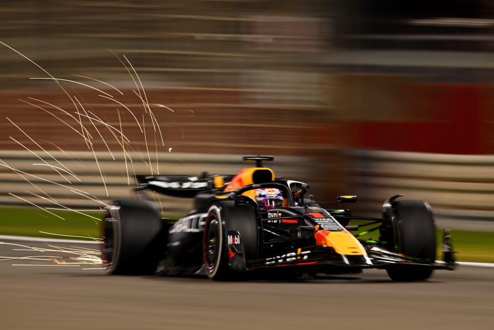 BAHRAIN, BAHRAIN - FEBRUARY 23: Sparks fly behind Max Verstappen of the Netherlands driving the (1)
